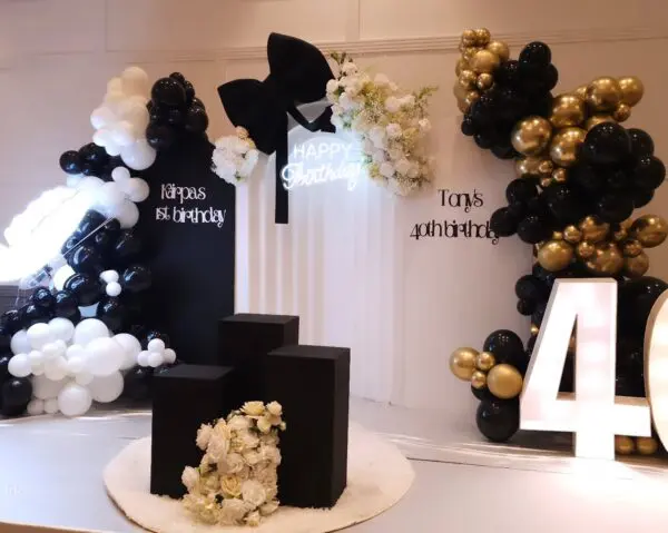 Gold and black balloon backdrop with Tony's 40th birthday custom signage