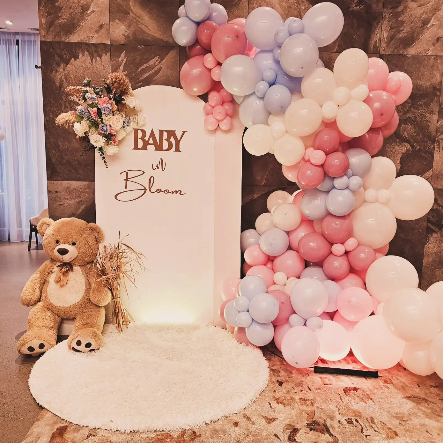Blush and pastel baby shower balloon decor in Toronto by Mega Elements