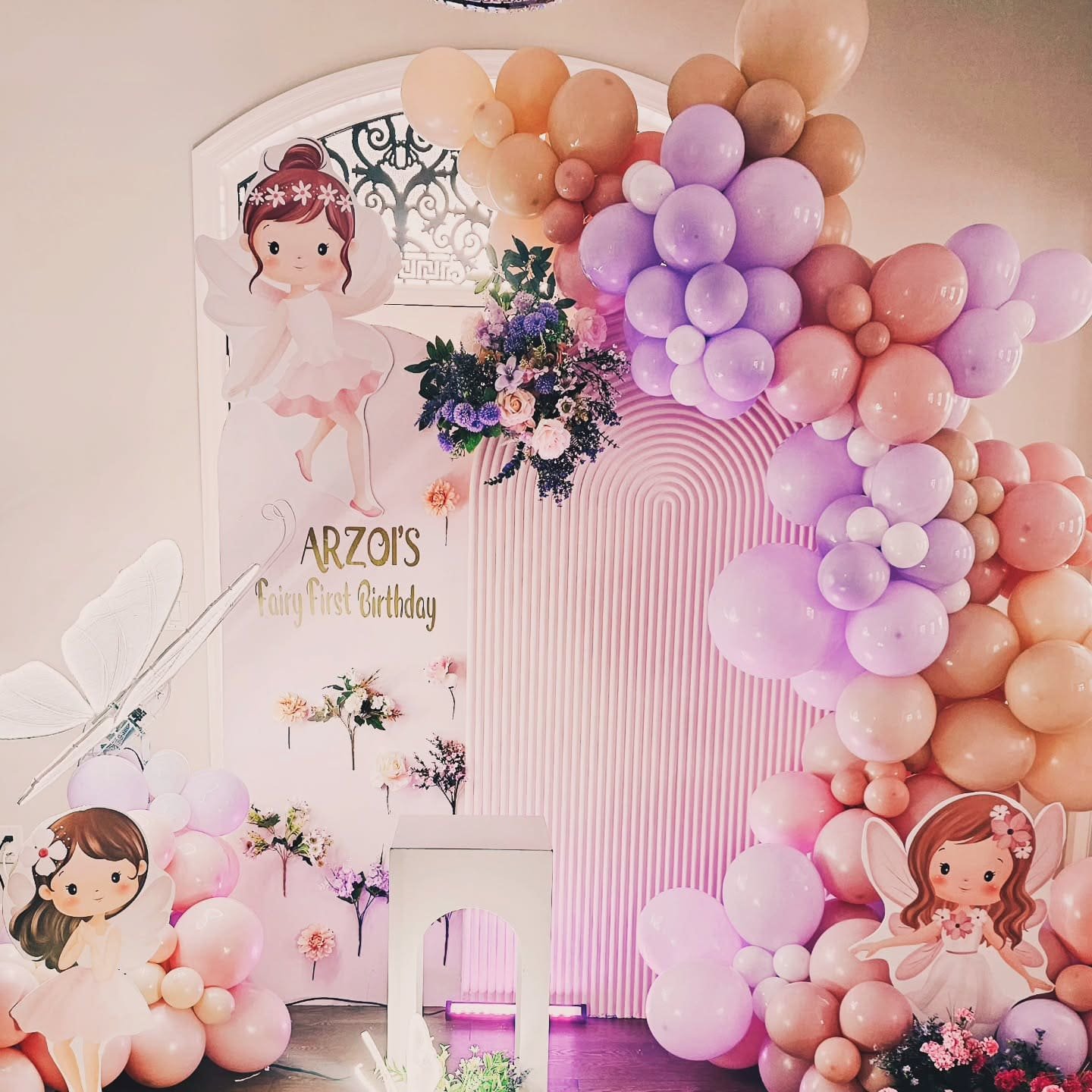 Fairy theme girl's first birthday balloon decor in Toronto by Mega Elements